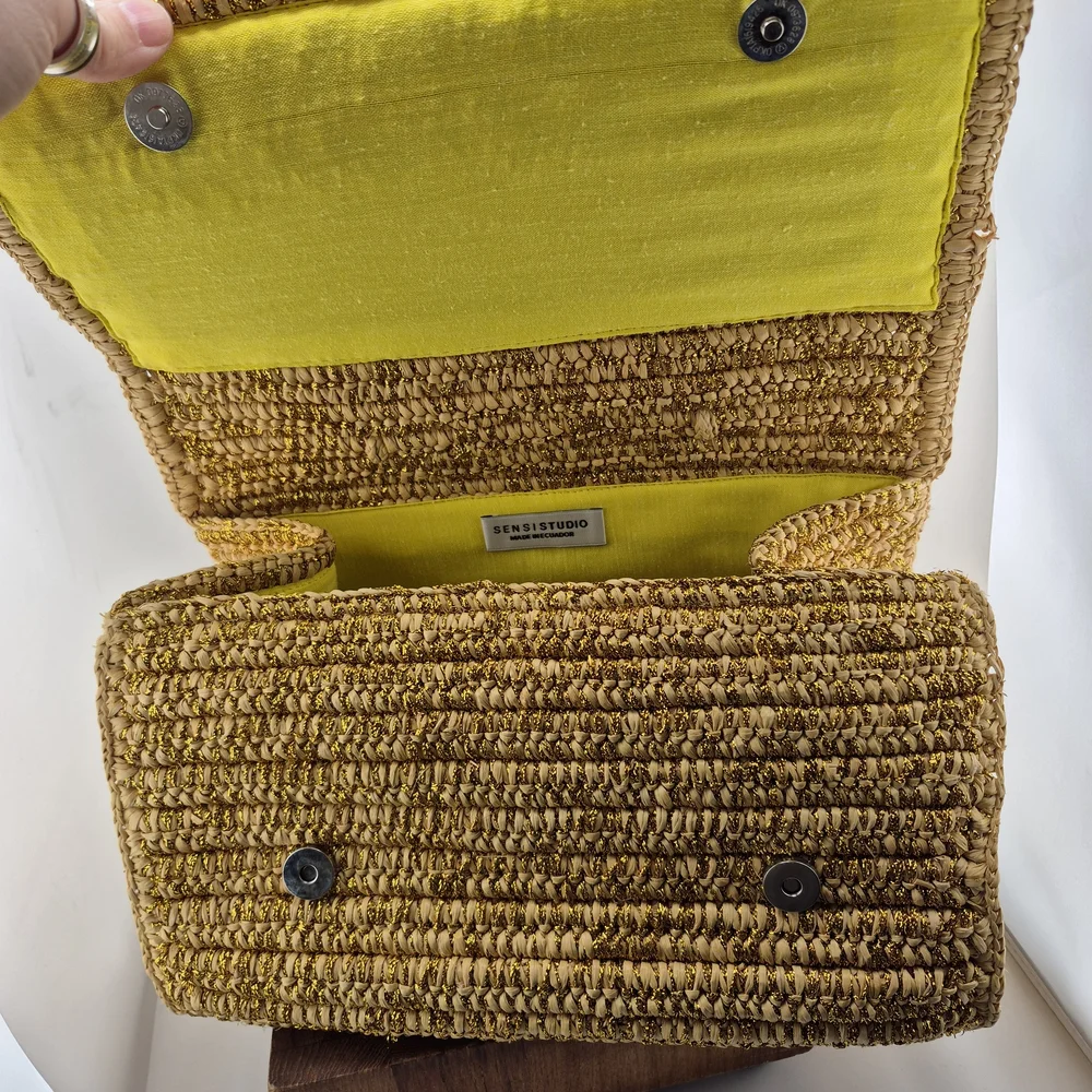 Woven Straw Top-Handle Bag in Gold and Cream